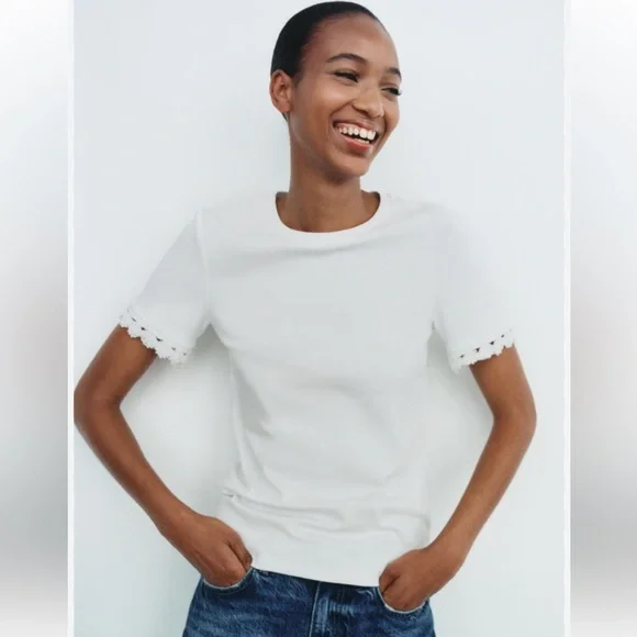 ZARA white Tshirt with pearl detail, Sz XL. - Picture 2 of 10